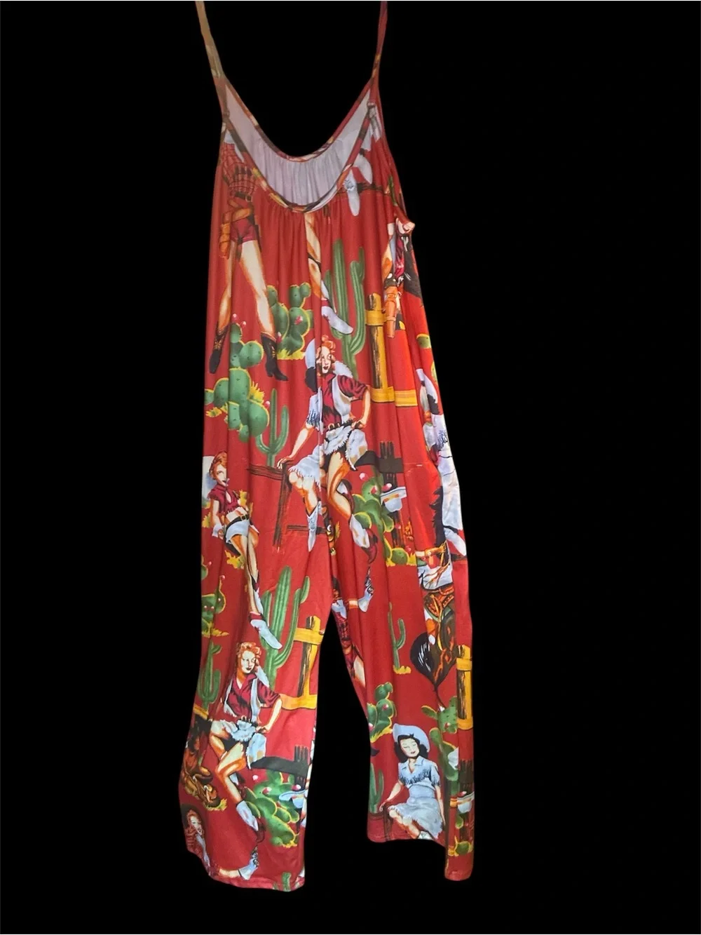 EUC Retro Western Cowgirl Print Jumpsuit Wide Leg Cami Romper Red Size Large